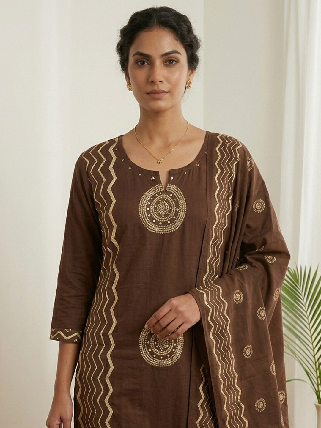 Brown Printed Cotton Blend Kurta With Pant &amp; Dupatta