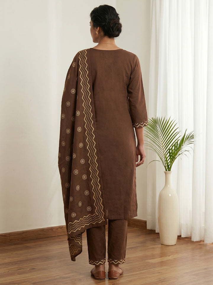 Brown Printed Cotton Blend Kurta With Pant &amp; Dupatta