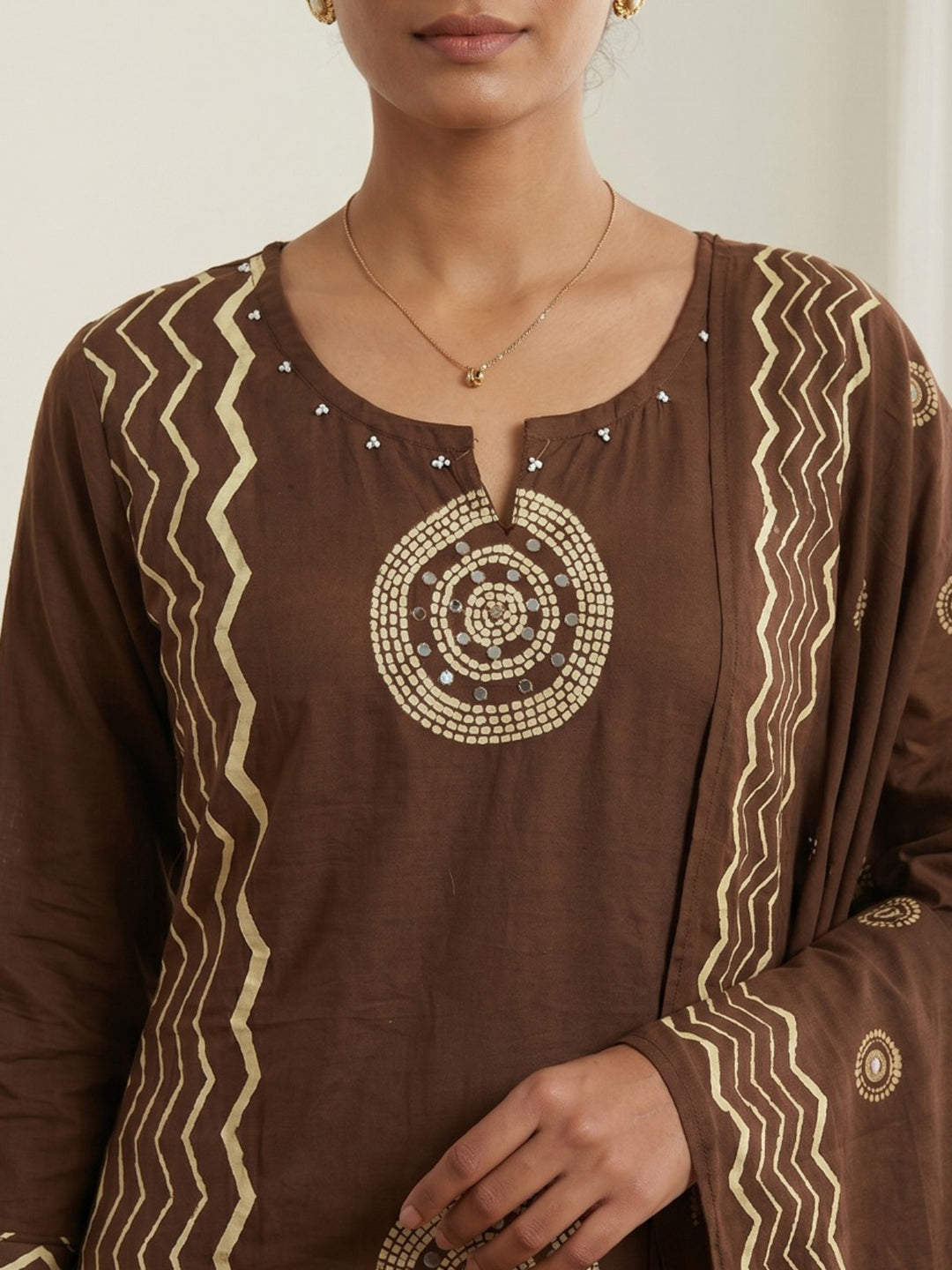 Brown Printed Cotton Blend Kurta With Pant &amp; Dupatta