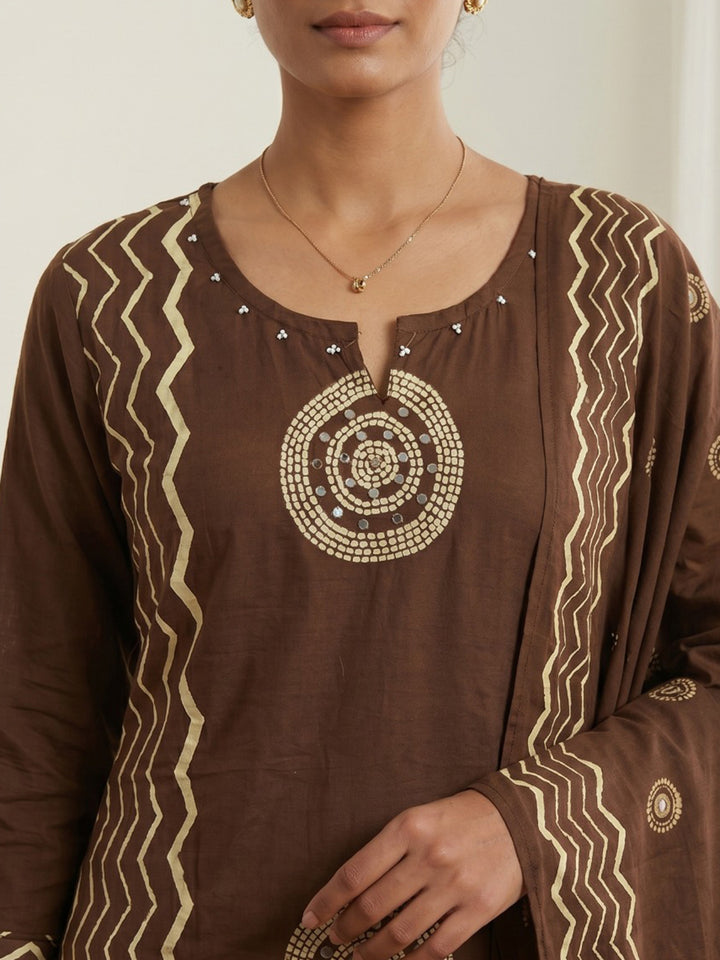 Brown Printed Cotton Blend Kurta With Pant &amp; Dupatta