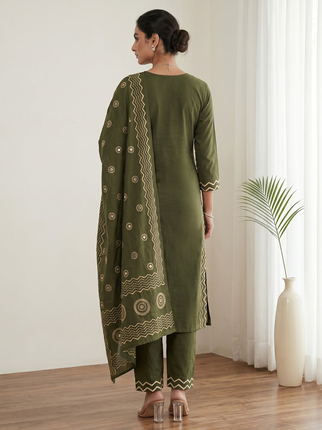 Green Printed Cotton Blend Kurta With Pant &amp; Dupatta