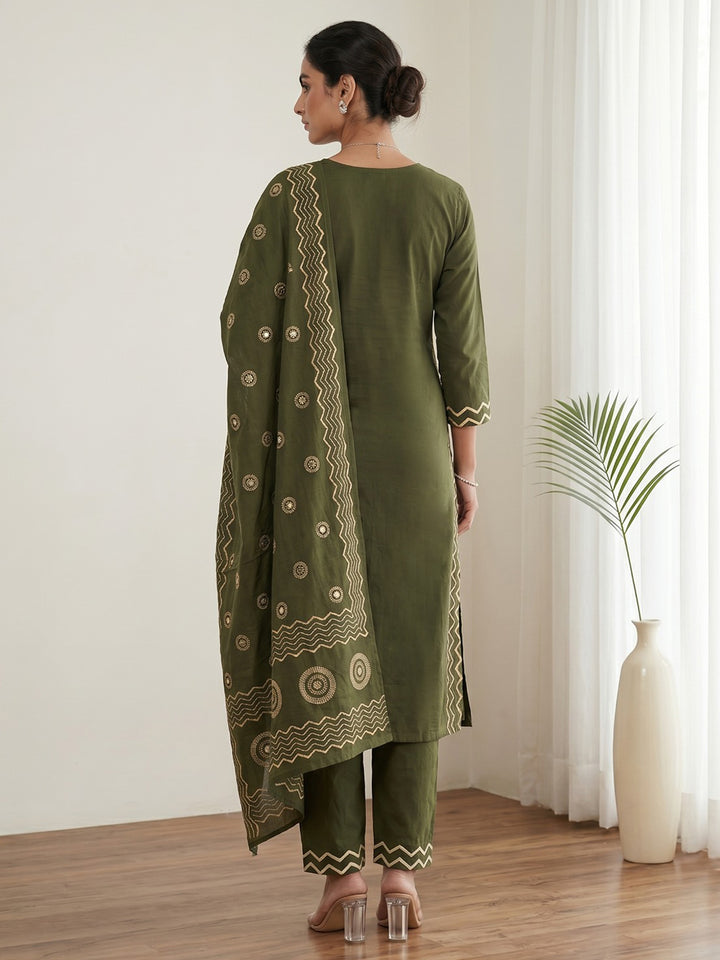 Green Printed Cotton Blend Kurta With Pant &amp; Dupatta