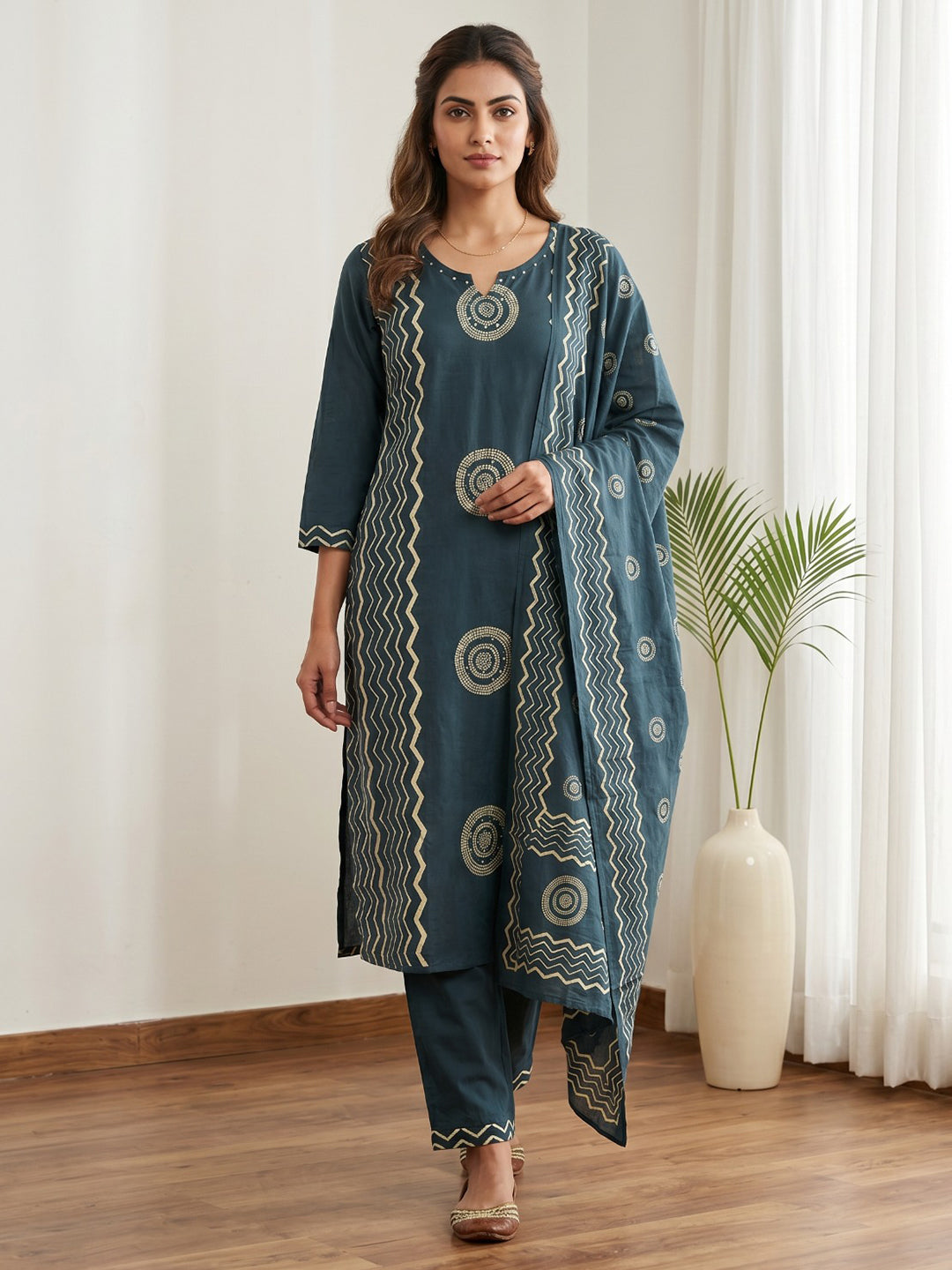 Teal Blue Printed Cotton Blend Kurta With Pant &amp; Dupatta