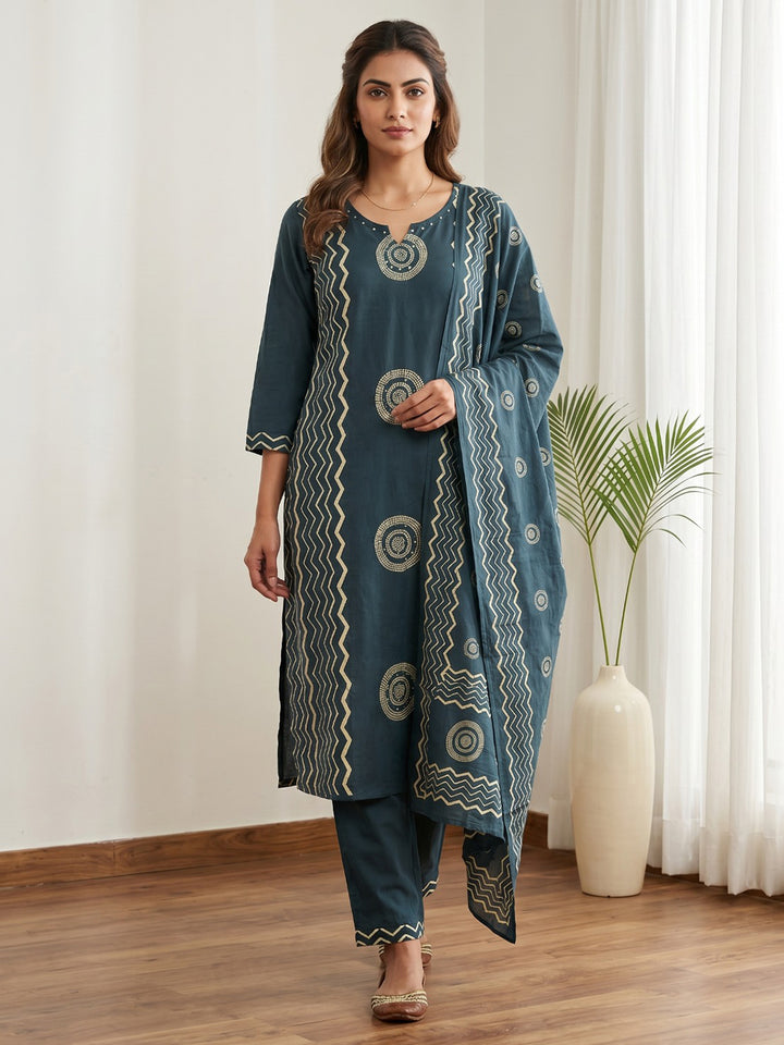 Teal Blue Printed Cotton Blend Kurta With Pant &amp; Dupatta