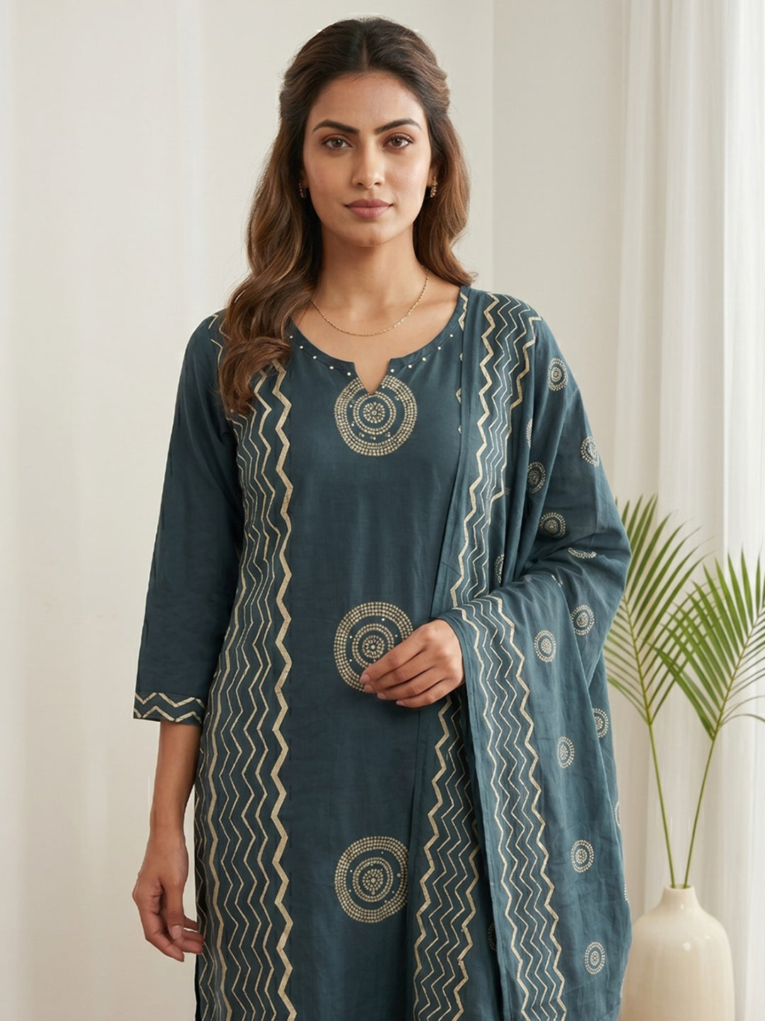Teal Blue Printed Cotton Blend Kurta With Pant &amp; Dupatta