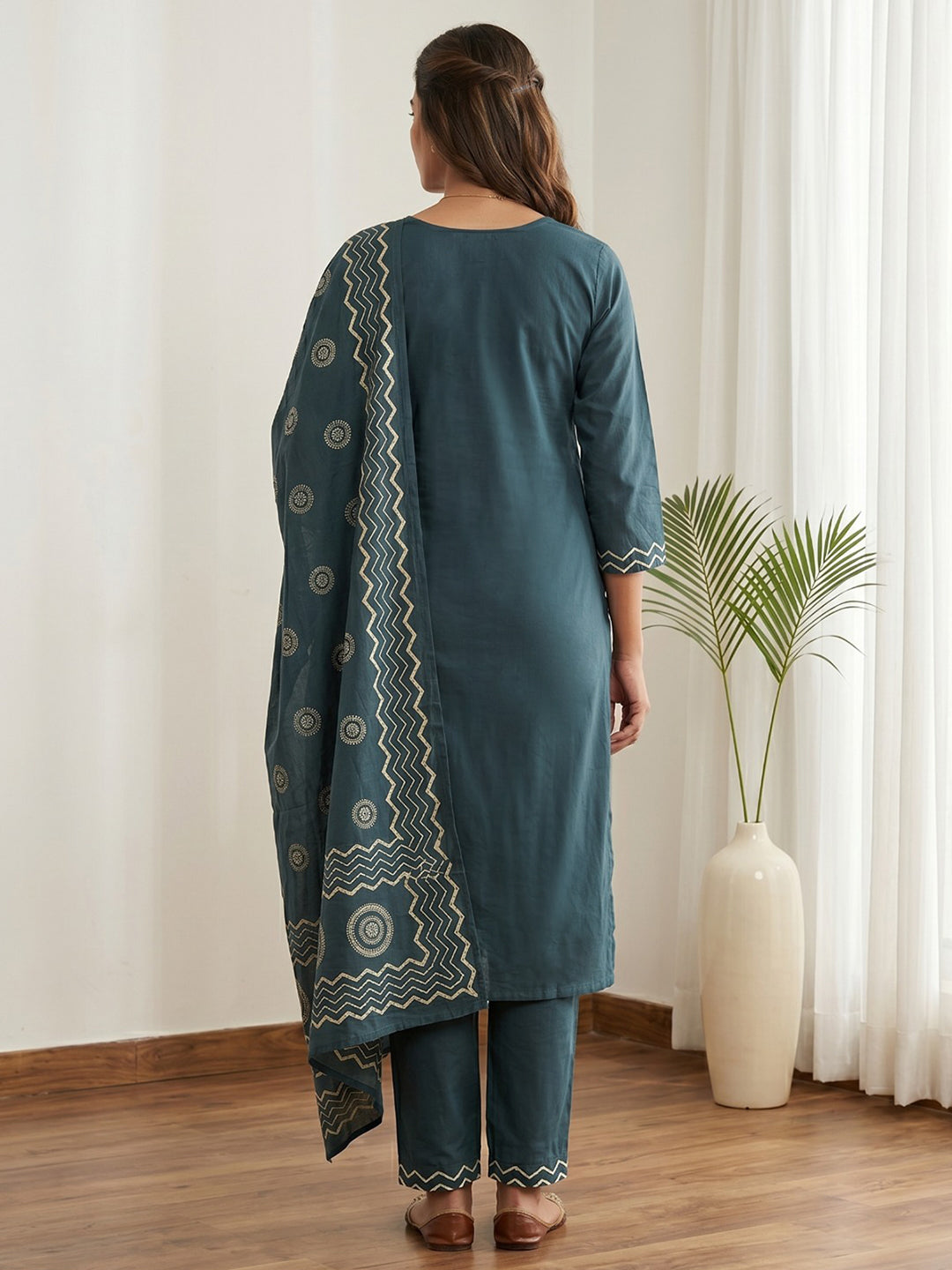 Teal Blue Printed Cotton Blend Kurta With Pant &amp; Dupatta