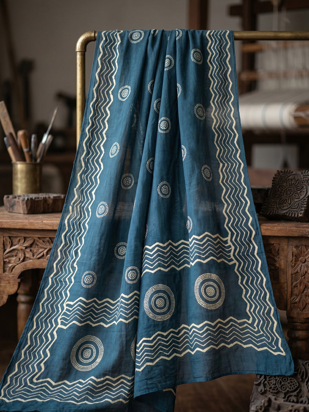 Teal Blue Printed Cotton Blend Kurta With Pant &amp; Dupatta