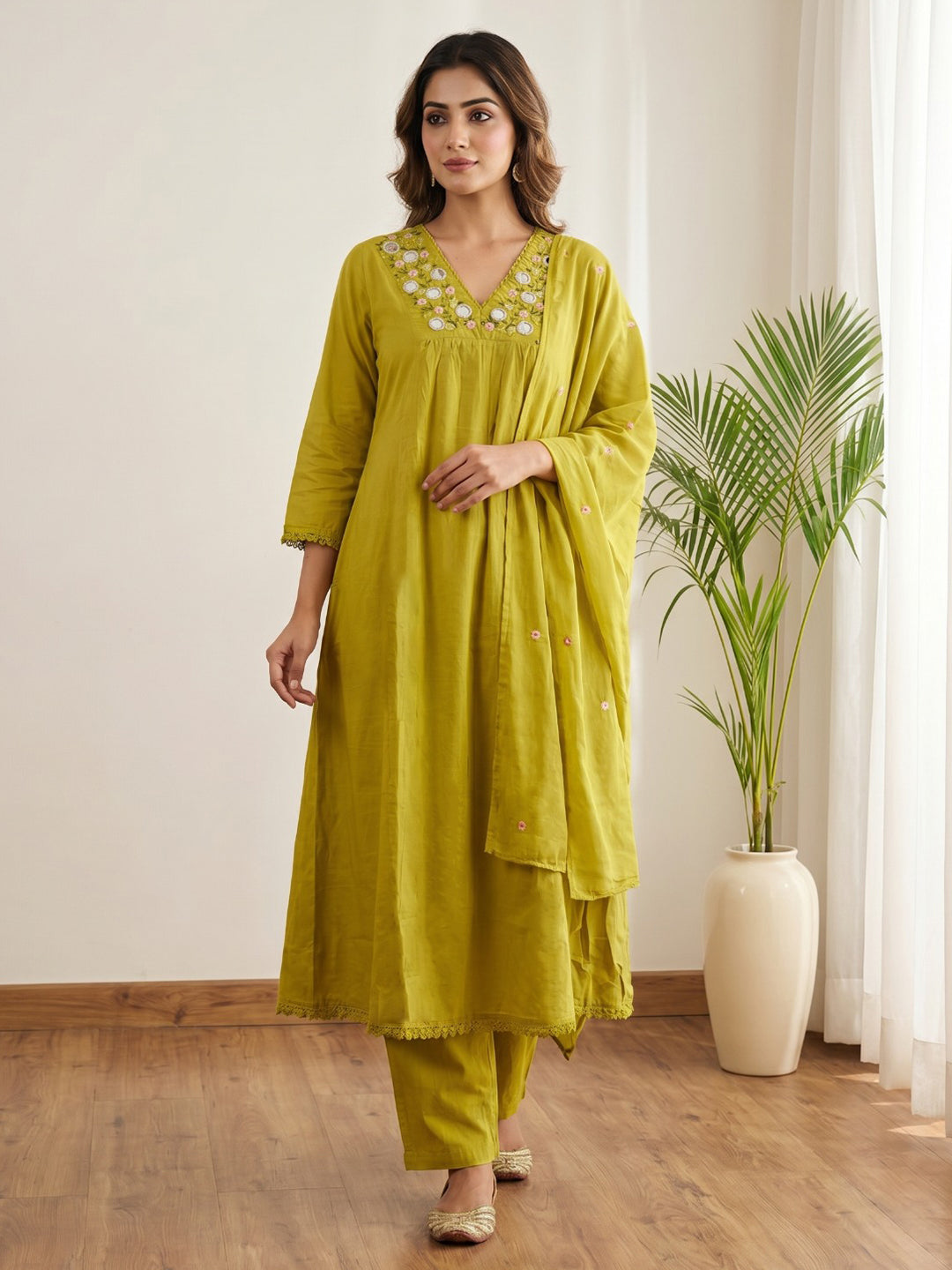 Mustard Printed Cotton Blend Kurta With Pant &amp; Dupatta