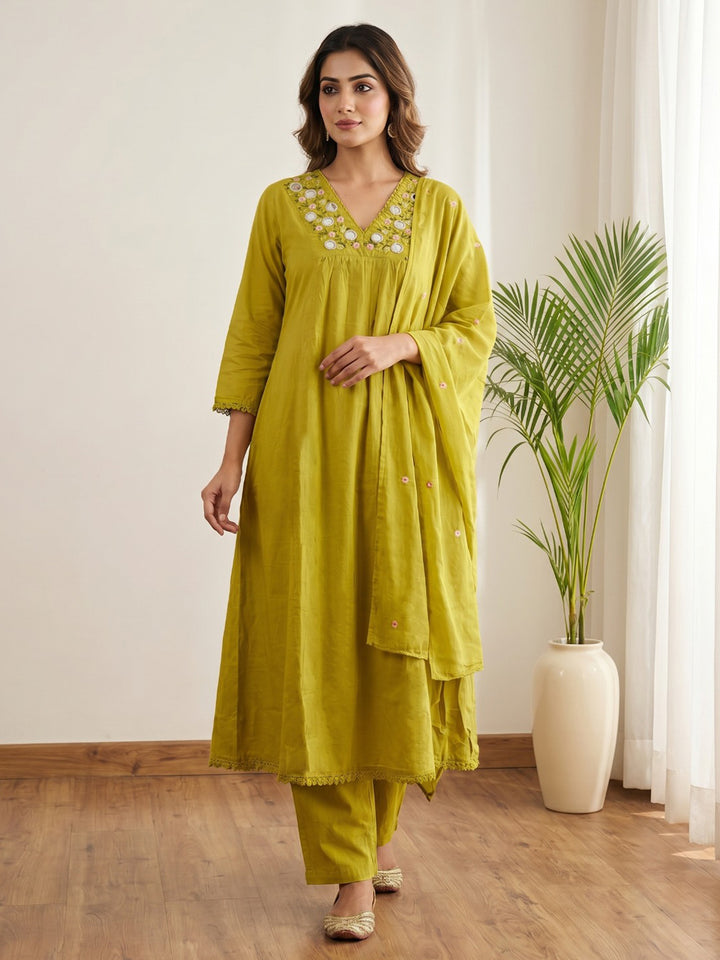 Mustard Printed Cotton Blend Kurta With Pant &amp; Dupatta