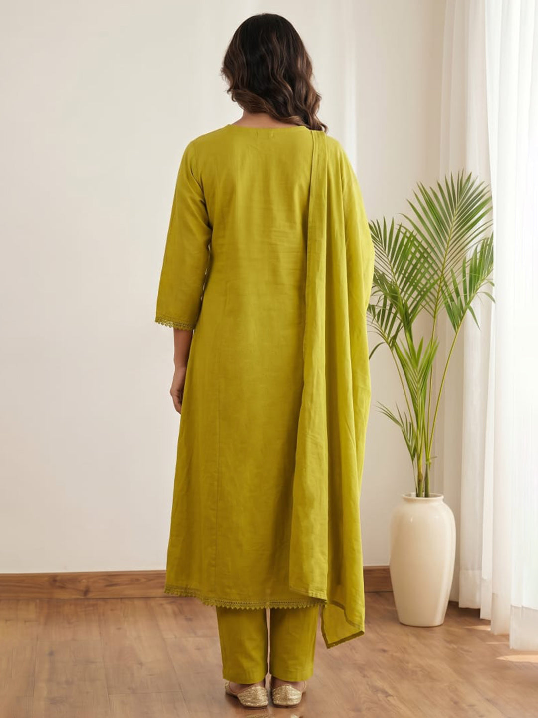 Mustard Printed Cotton Blend Kurta With Pant &amp; Dupatta