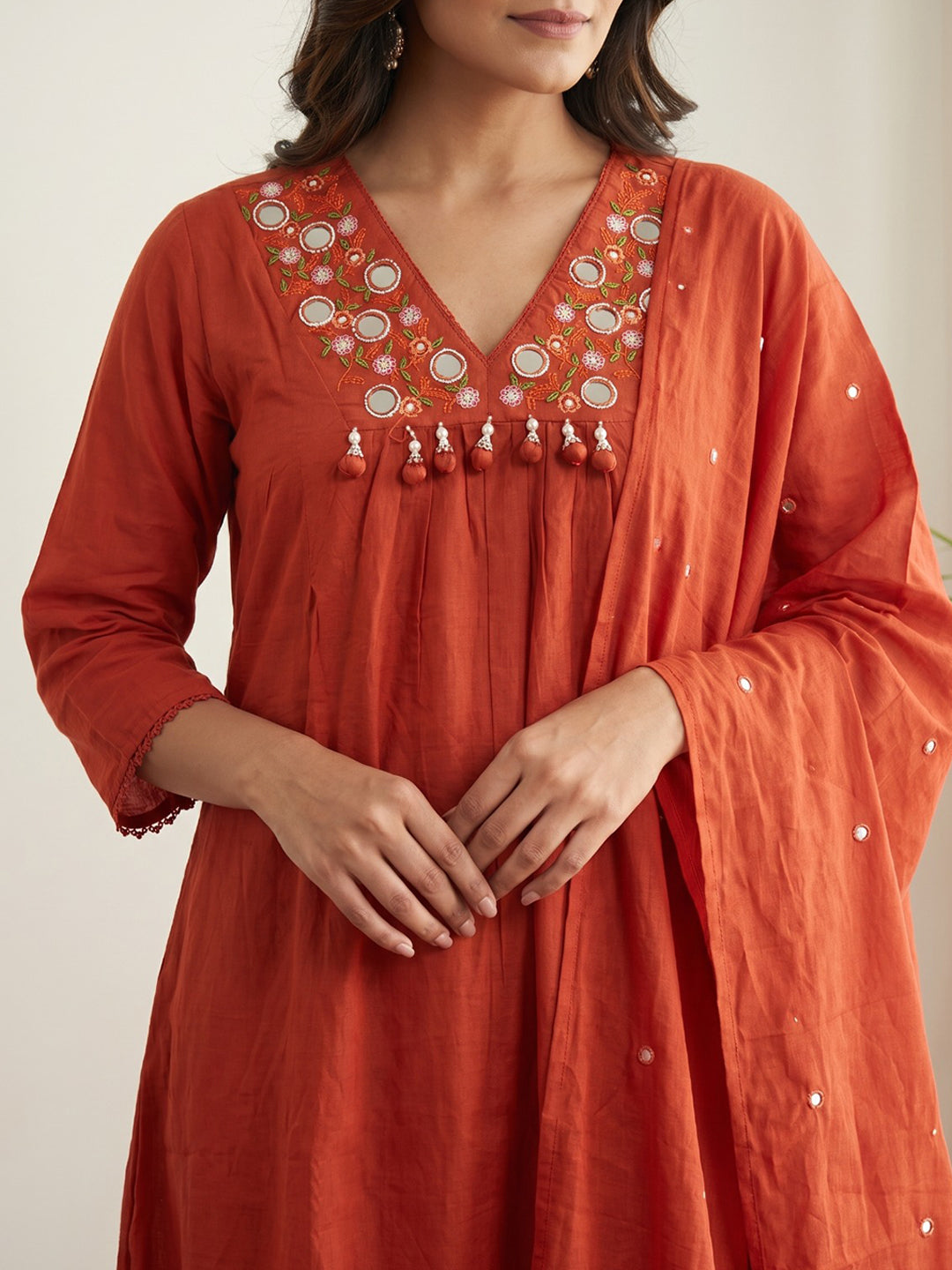 Orange Printed Cotton Blend Kurta With Pant &amp; Dupatta
