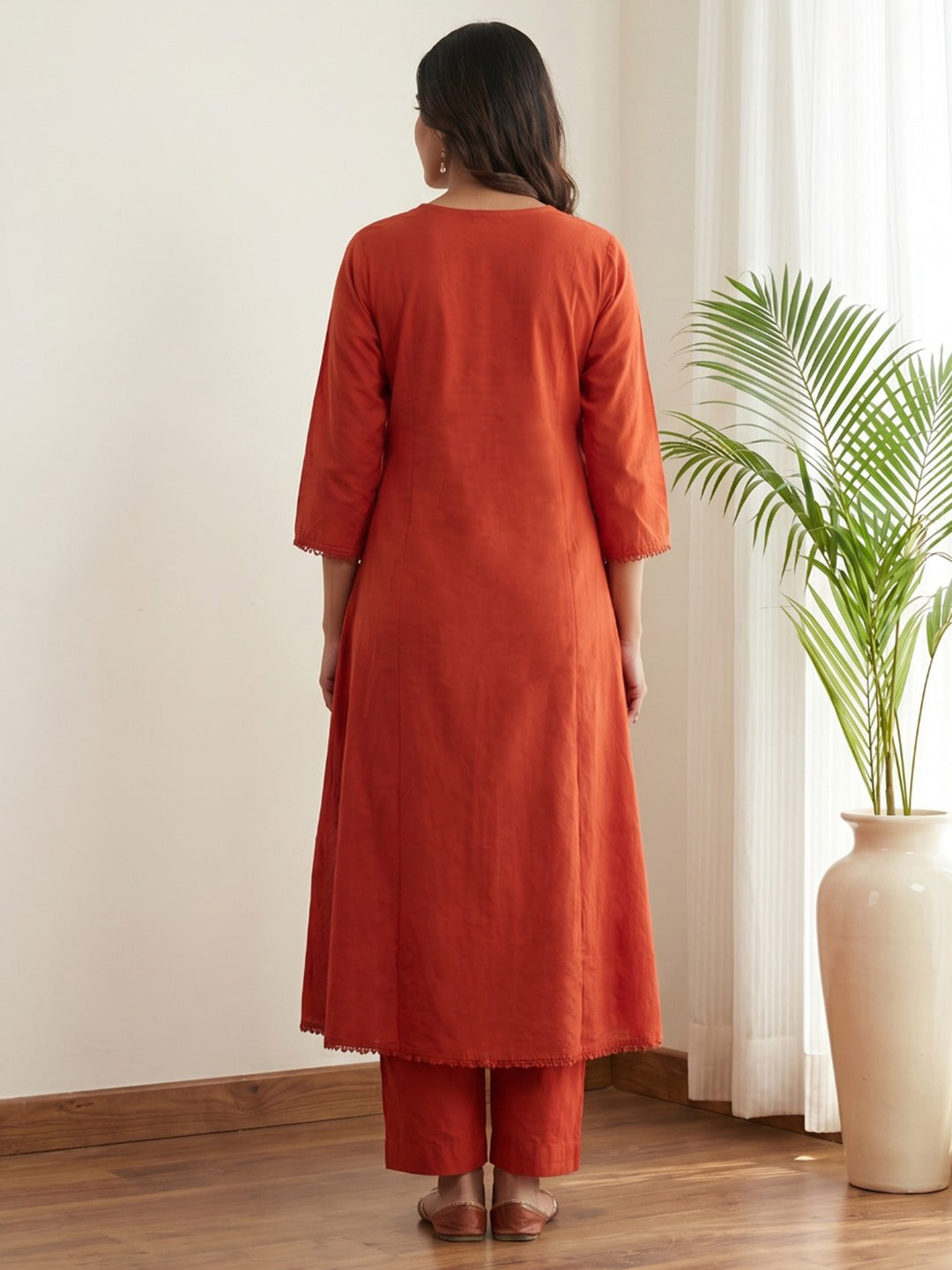 Orange Printed Cotton Blend Kurta With Pant &amp; Dupatta