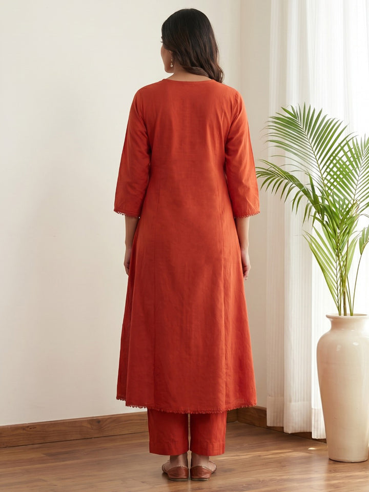Orange Printed Cotton Blend Kurta With Pant &amp; Dupatta