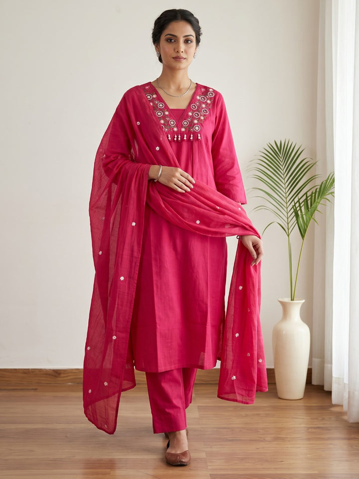 Rani Printed Cotton Blend Kurta With Pant &amp; Dupatta