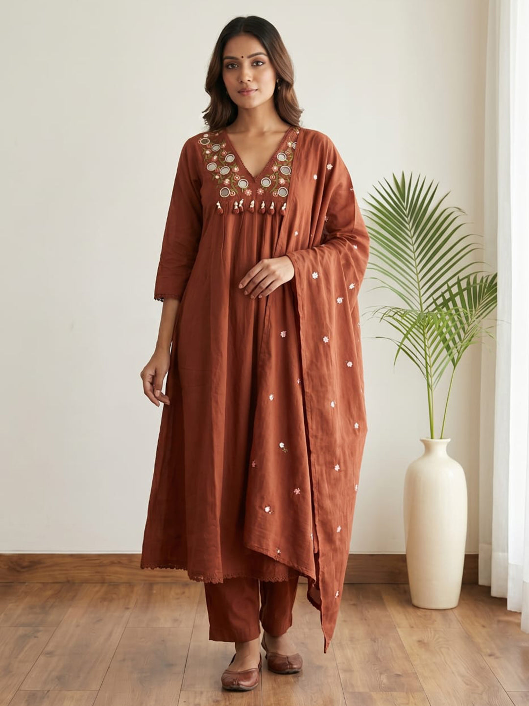 Rust Printed Cotton Blend Kurta With Pant &amp; Dupatta