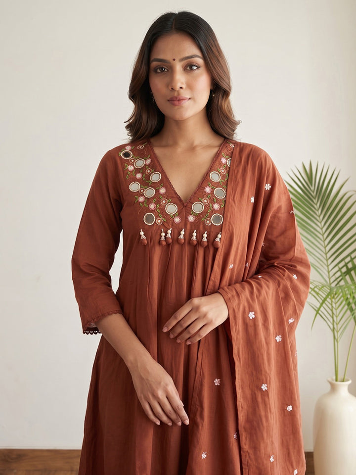 Rust Printed Cotton Blend Kurta With Pant &amp; Dupatta