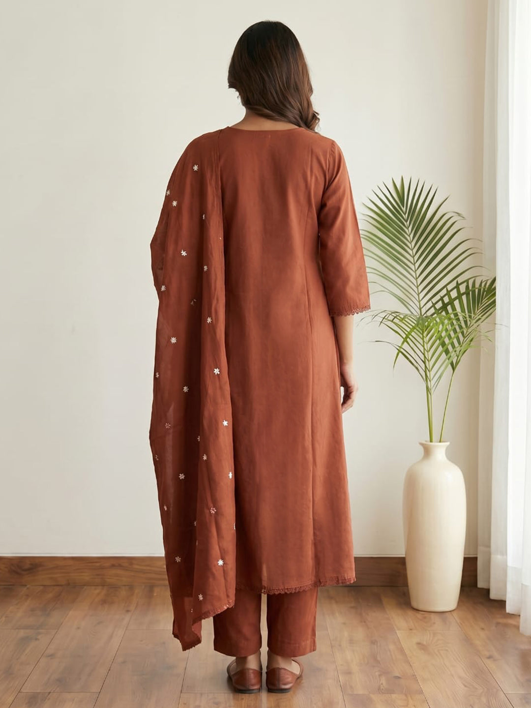 Rust Printed Cotton Blend Kurta With Pant &amp; Dupatta