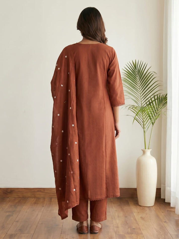 Rust Printed Cotton Blend Kurta With Pant &amp; Dupatta
