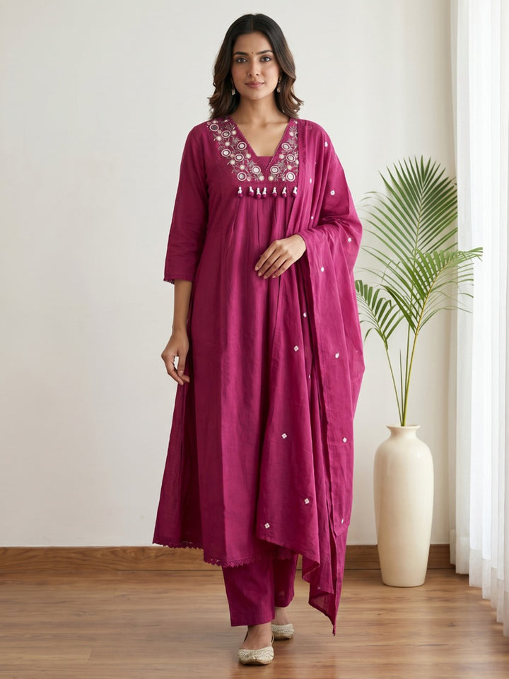 Wine Printed Cotton Blend Kurta With Pant &amp; Dupatta