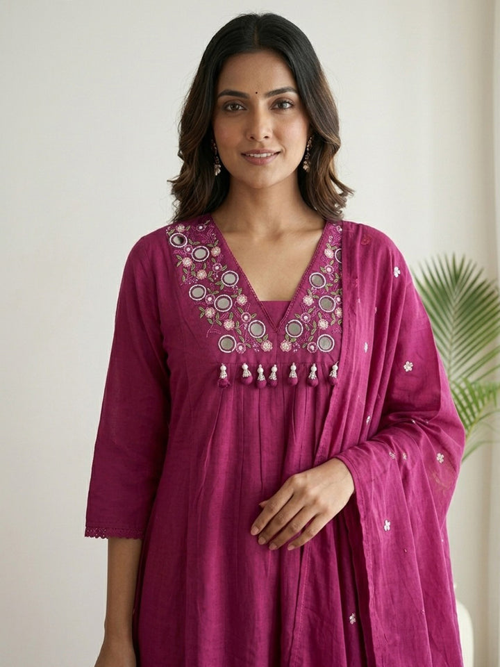 Wine Printed Cotton Blend Kurta With Pant &amp; Dupatta