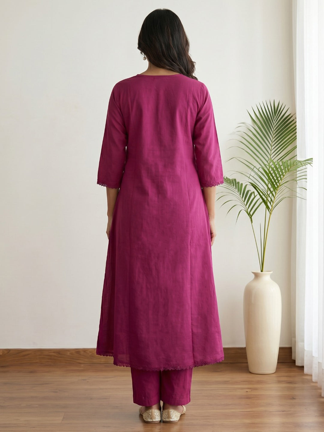 Wine Printed Cotton Blend Kurta With Pant &amp; Dupatta