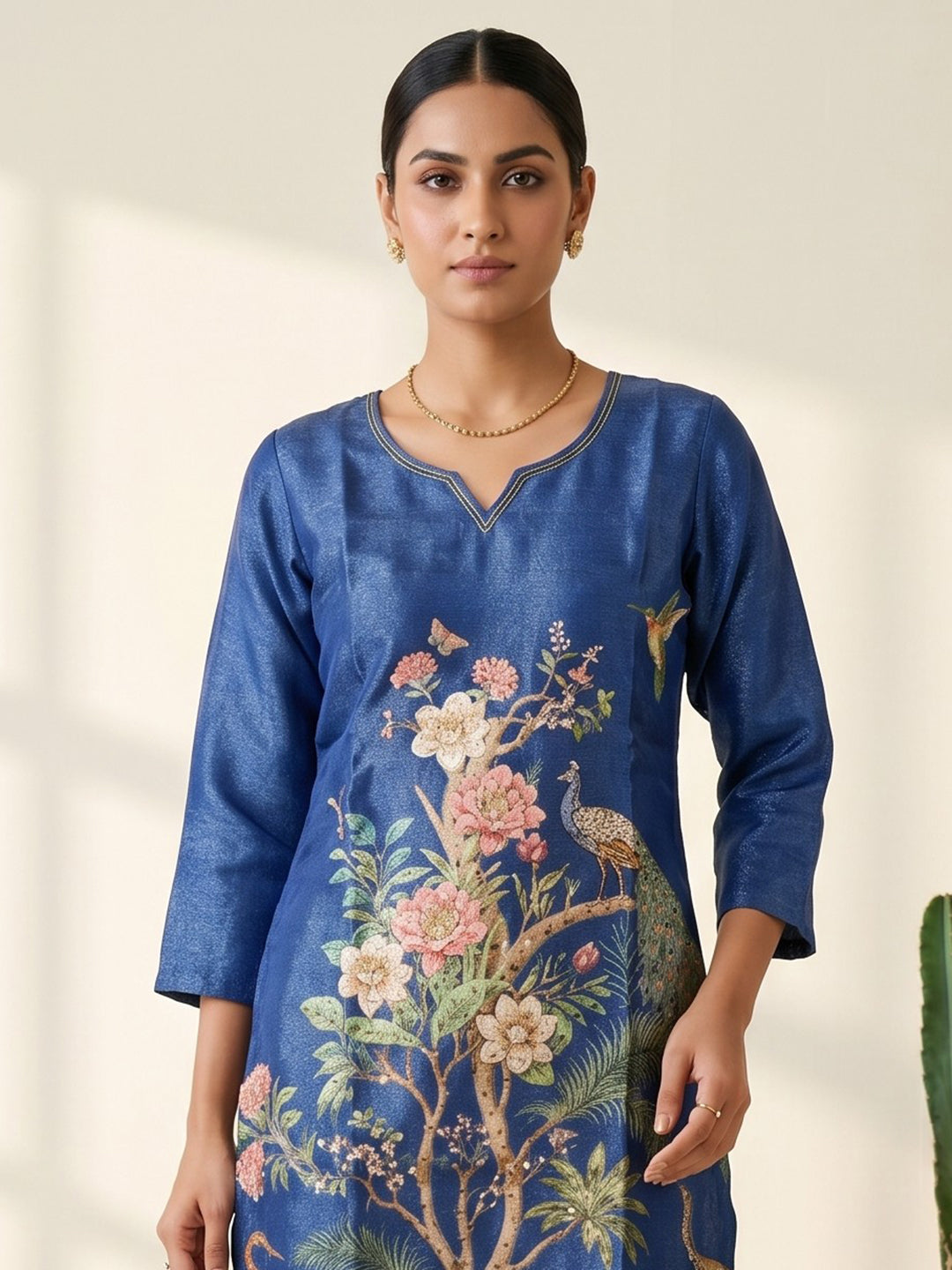 Blue Printed Cotton Blend V Neck Straight Kurta With Pant