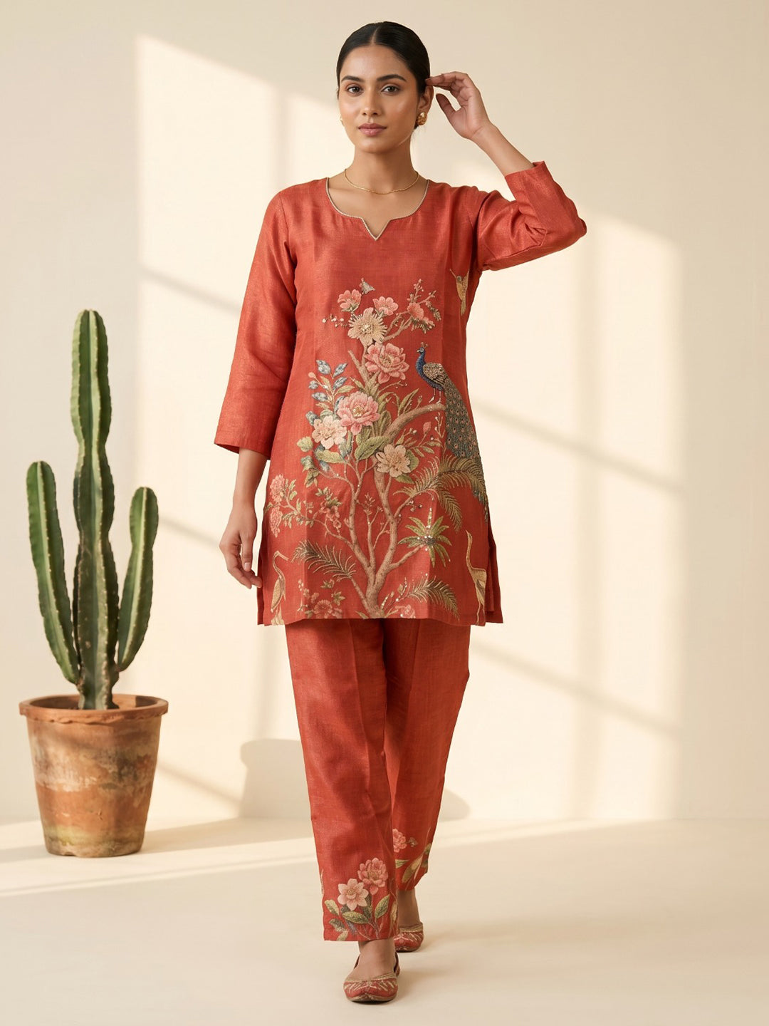 Red Printed Cotton Blend V Neck Straight Kurta With Pant