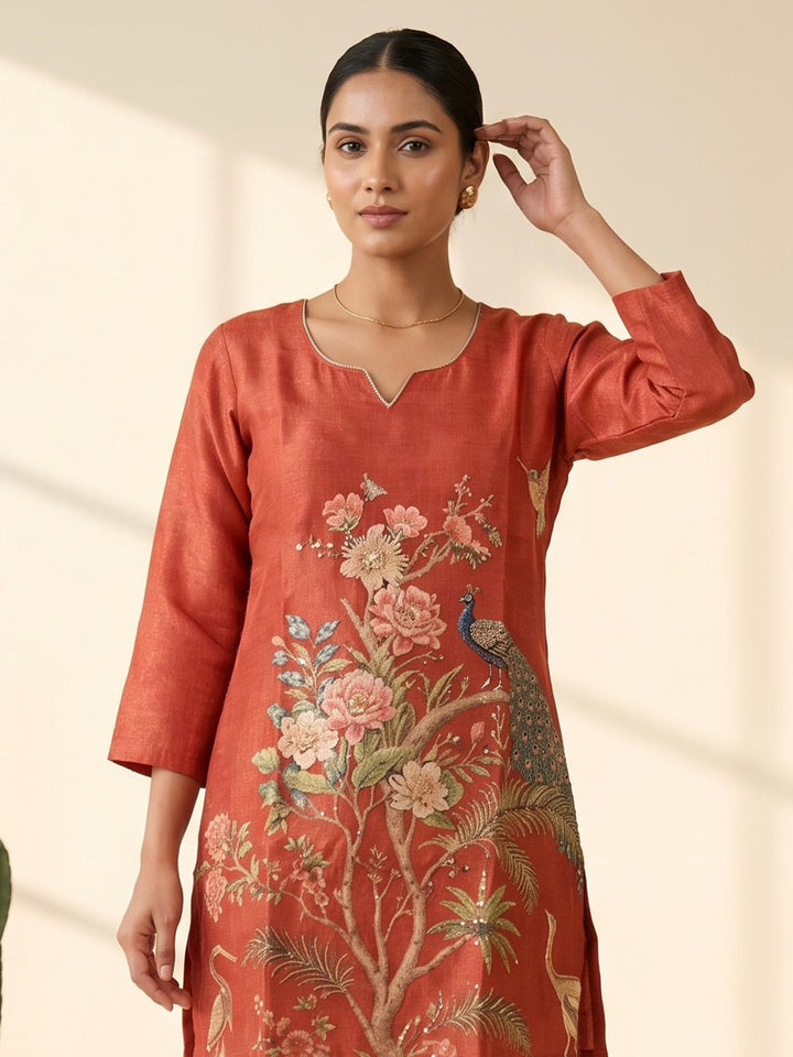 Red Printed Cotton Blend V Neck Straight Kurta With Pant