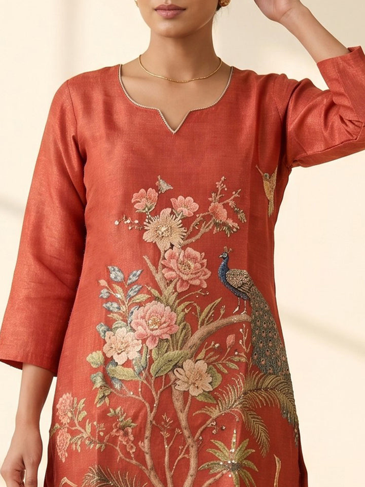 Red Printed Cotton Blend V Neck Straight Kurta With Pant