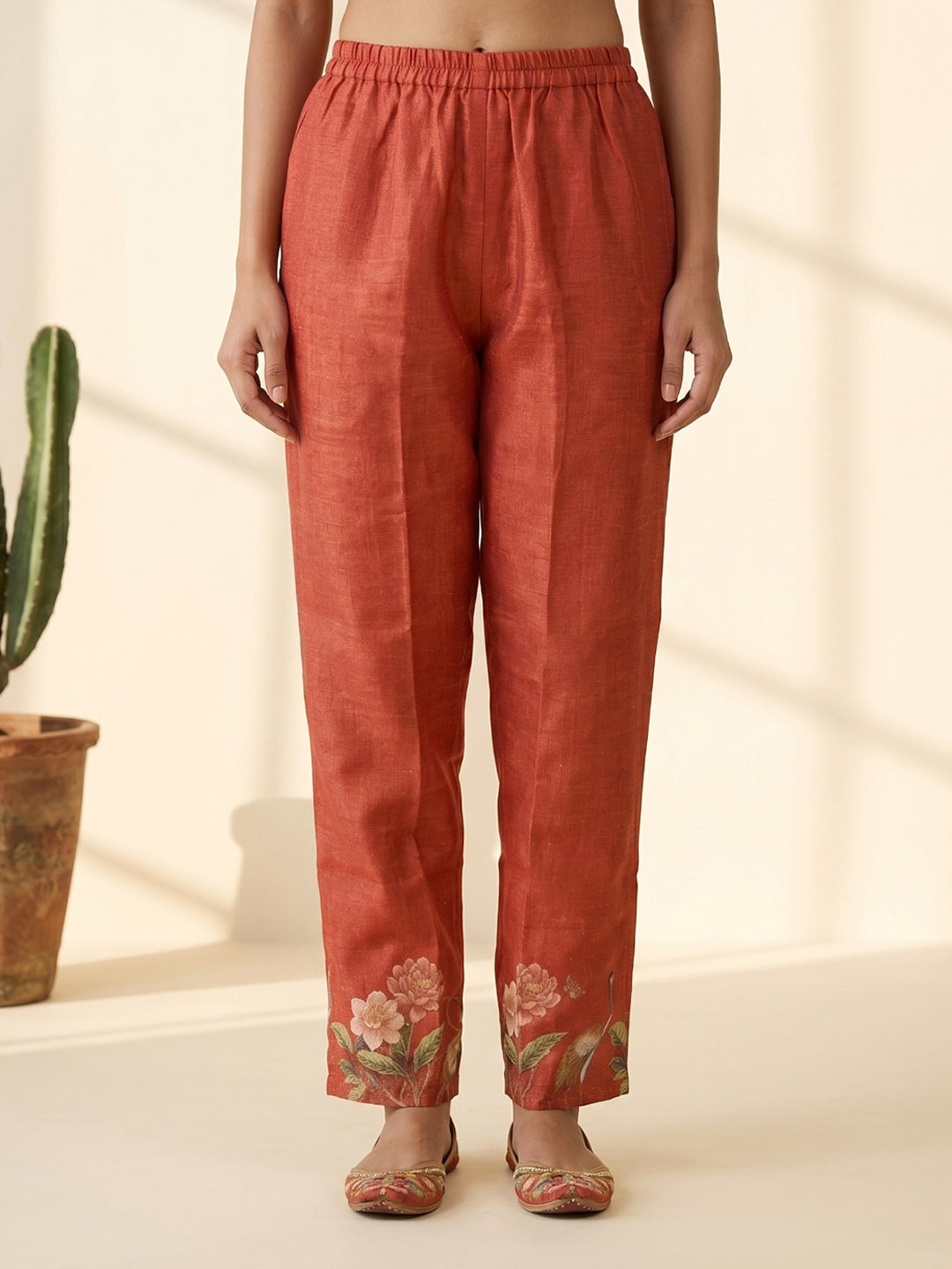 Red Printed Cotton Blend V Neck Straight Kurta With Pant