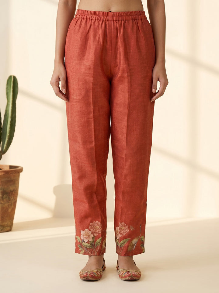 Red Printed Cotton Blend V Neck Straight Kurta With Pant