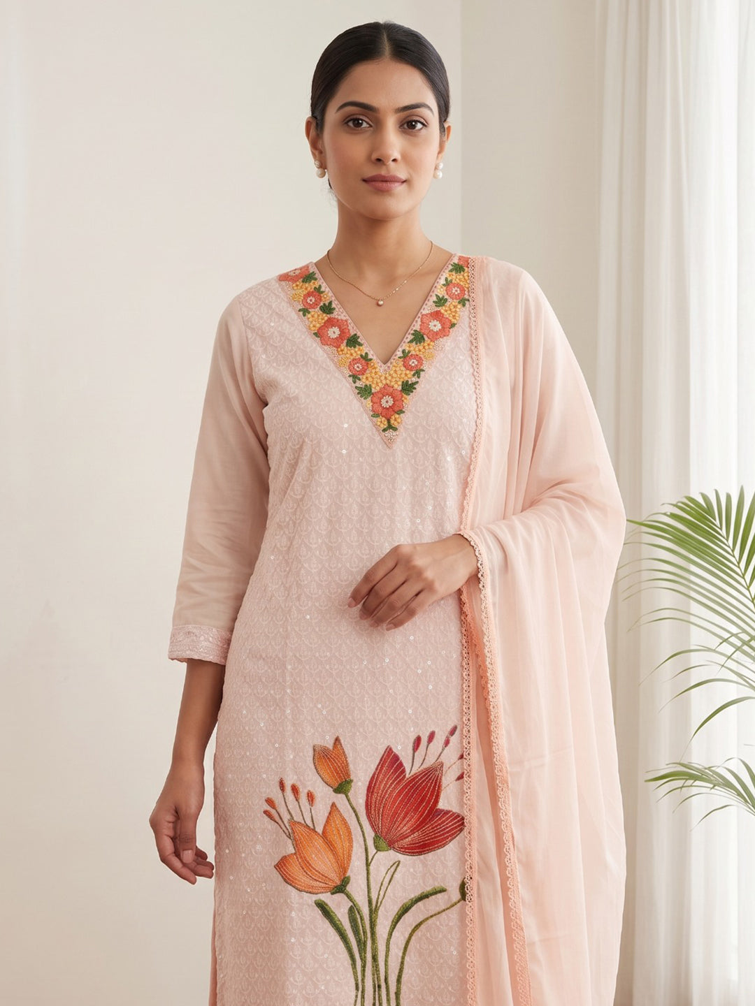Peach Printed Cotton Blend Kurta With Pant &amp; Dupatta