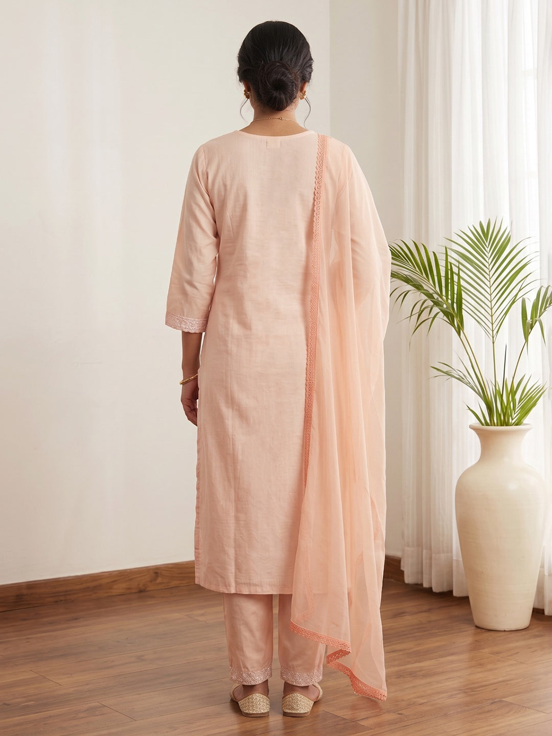Peach Printed Cotton Blend Kurta With Pant &amp; Dupatta
