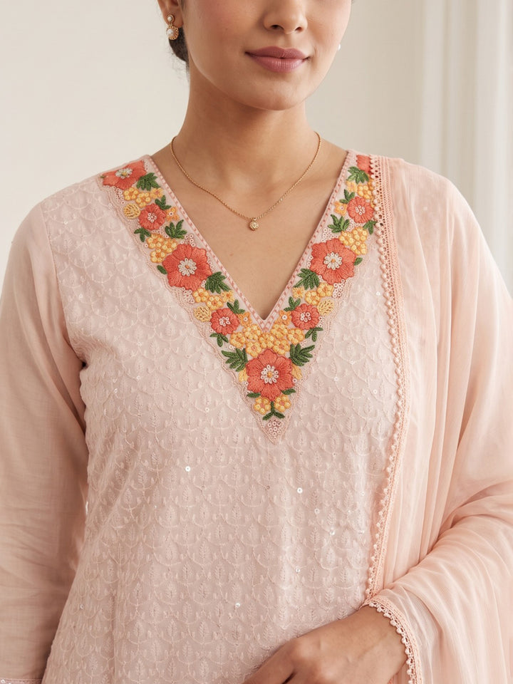 Peach Printed Cotton Blend Kurta With Pant &amp; Dupatta