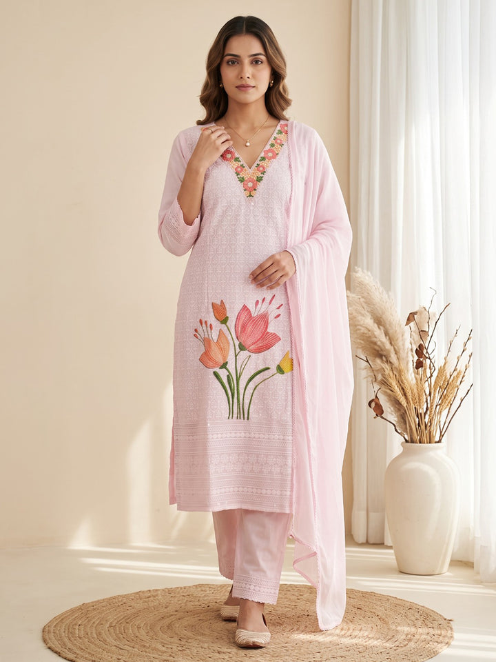Pink Printed Cotton Blend Kurta With Pant &amp; Dupatta