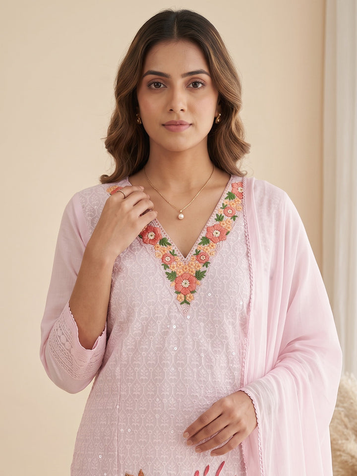 Pink Printed Cotton Blend Kurta With Pant &amp; Dupatta