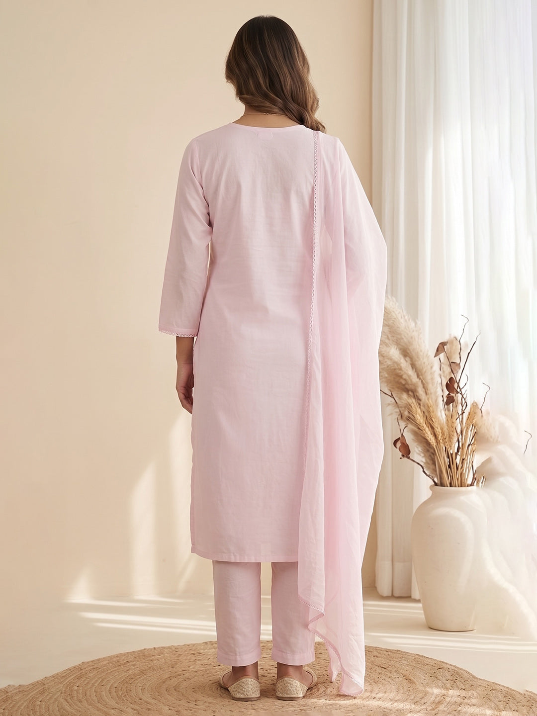 Pink Printed Cotton Blend Kurta With Pant &amp; Dupatta