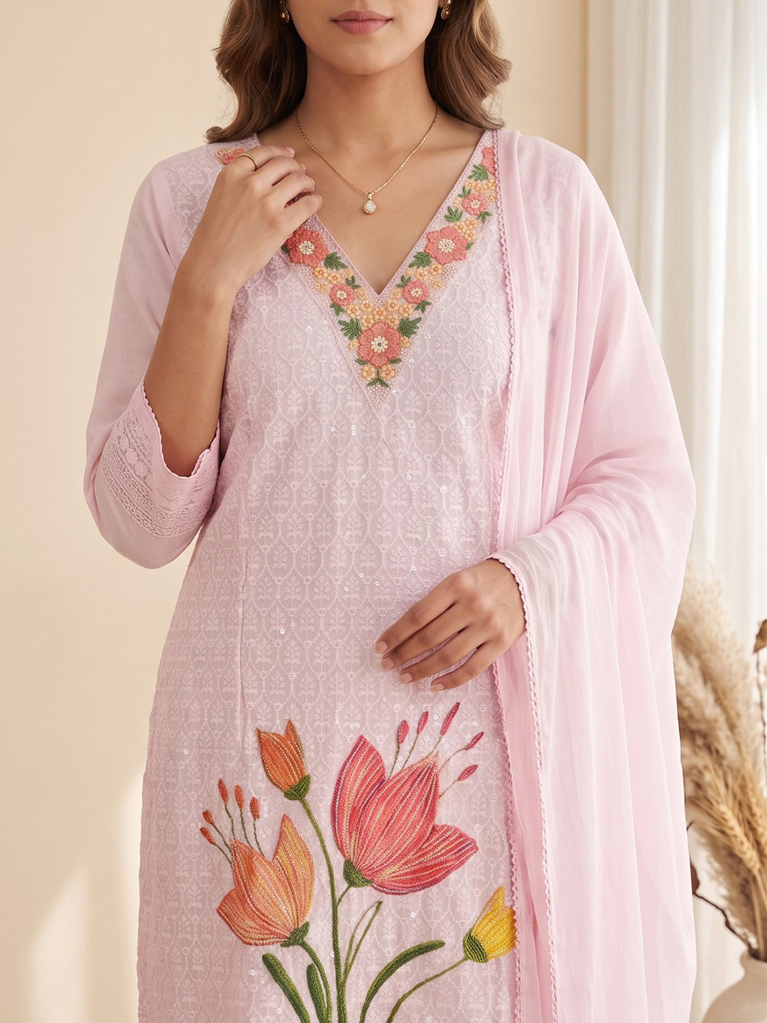 Pink Printed Cotton Blend Kurta With Pant &amp; Dupatta