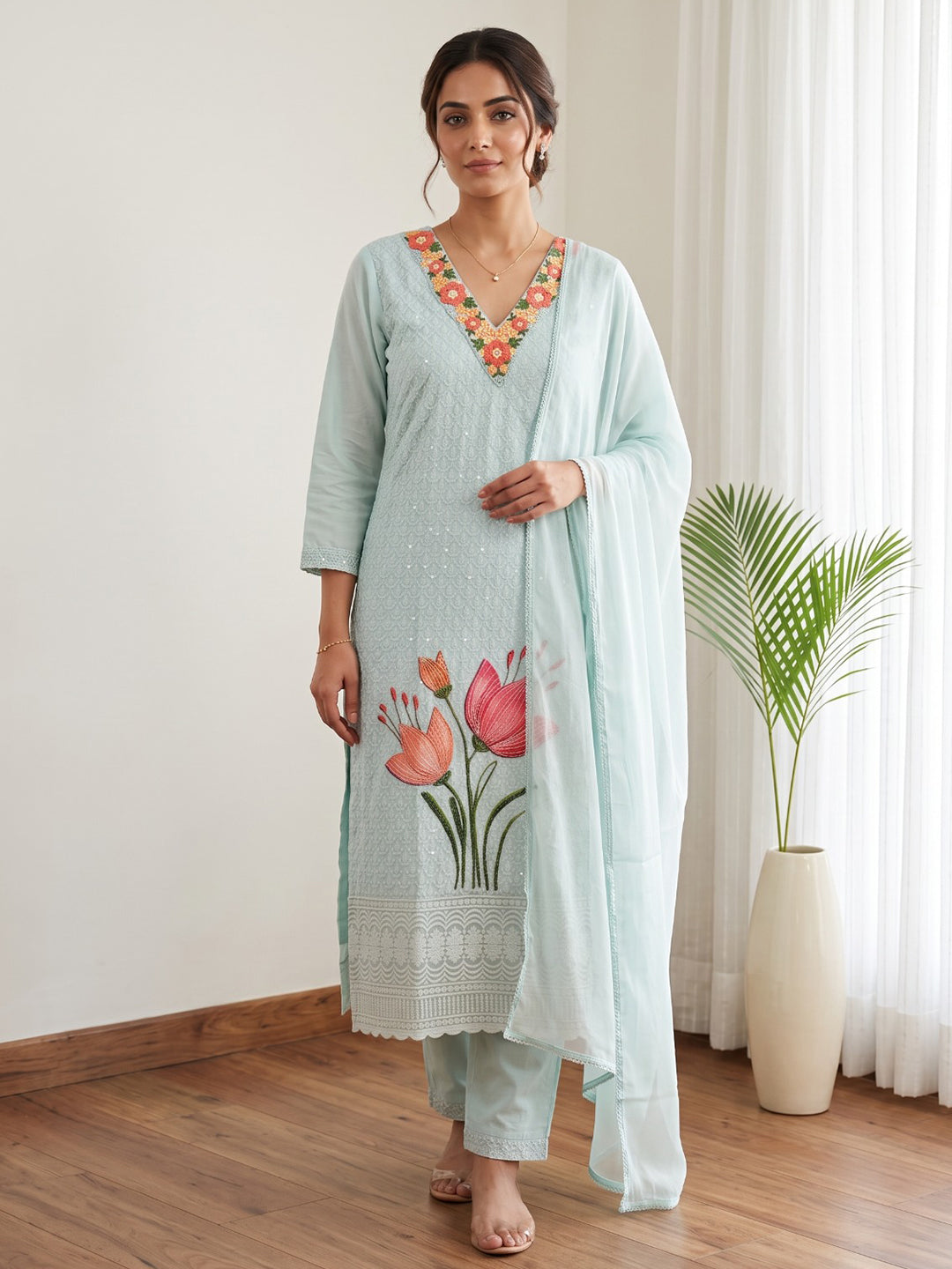 Sky Blue Printed Cotton Blend Kurta With Pant &amp; Dupatta