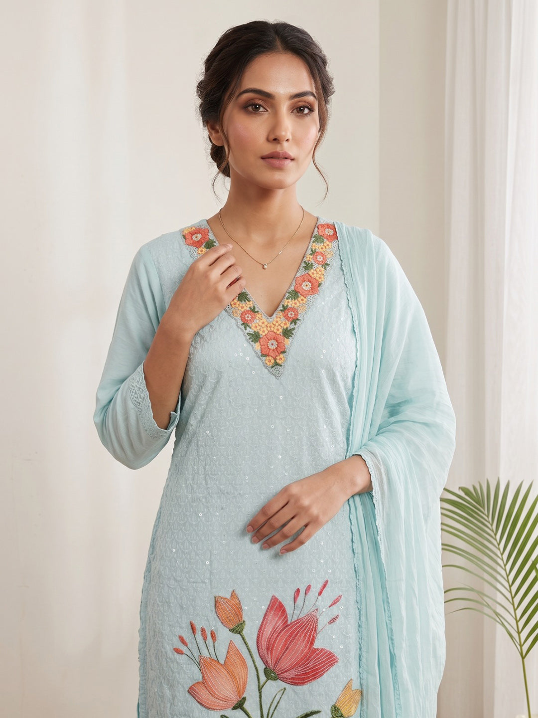 Sky Blue Printed Cotton Blend Kurta With Pant &amp; Dupatta