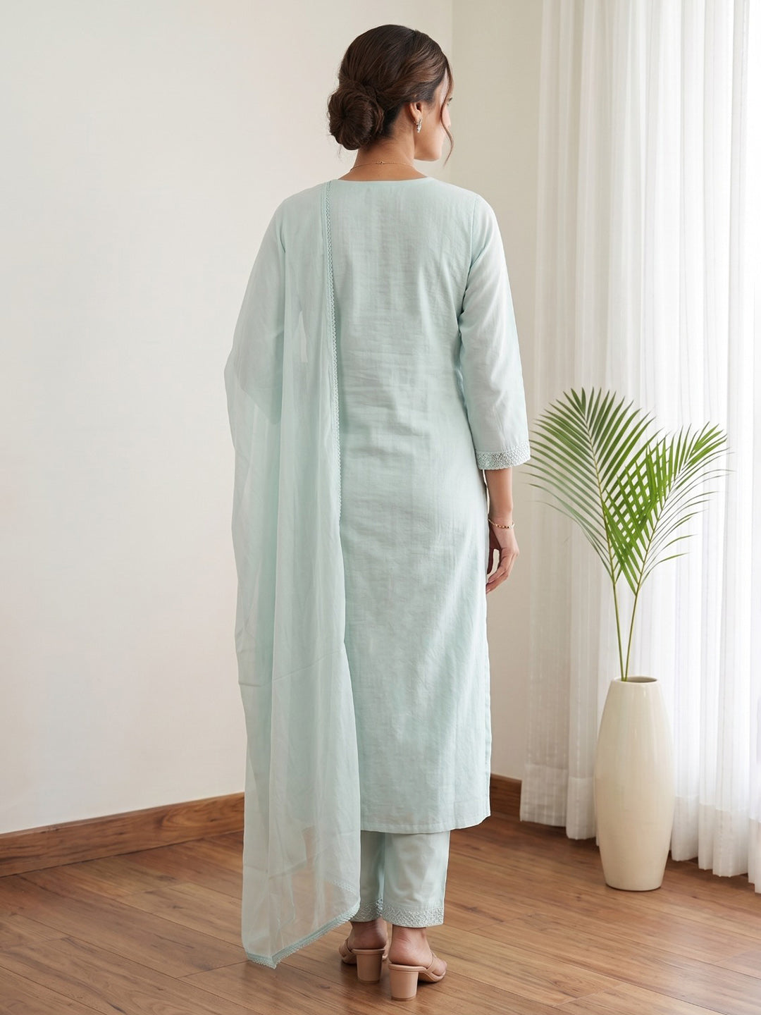 Sky Blue Printed Cotton Blend Kurta With Pant &amp; Dupatta