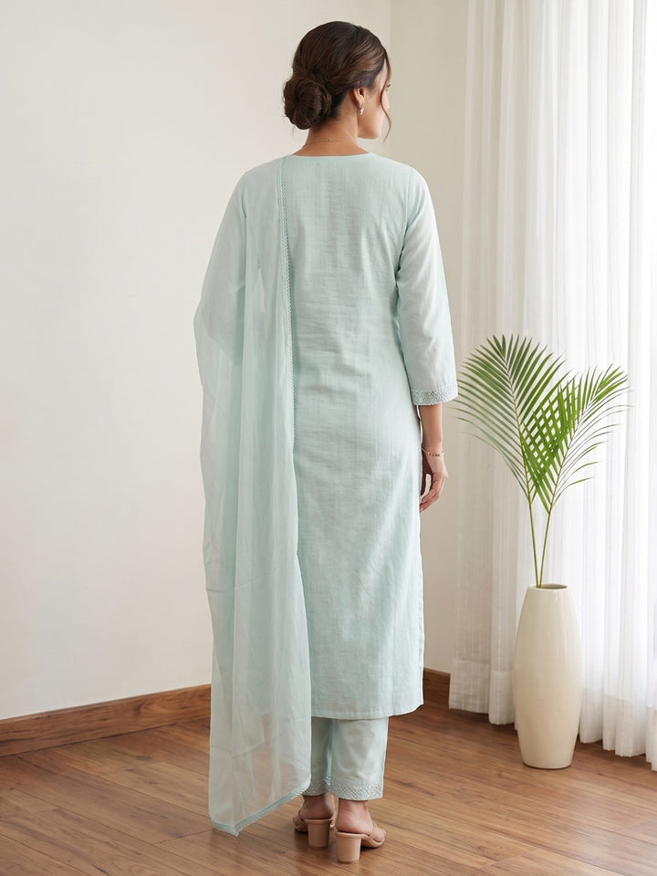 Sky Blue Printed Cotton Blend Kurta With Pant &amp; Dupatta