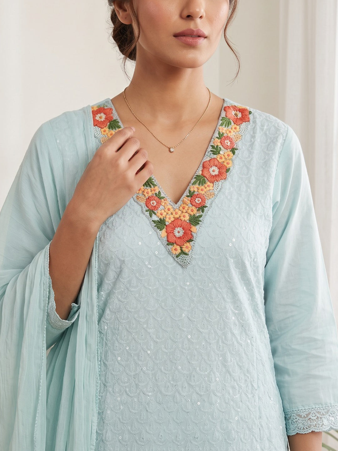 Sky Blue Printed Cotton Blend Kurta With Pant &amp; Dupatta