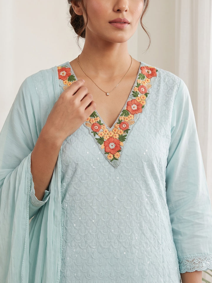 Sky Blue Printed Cotton Blend Kurta With Pant &amp; Dupatta