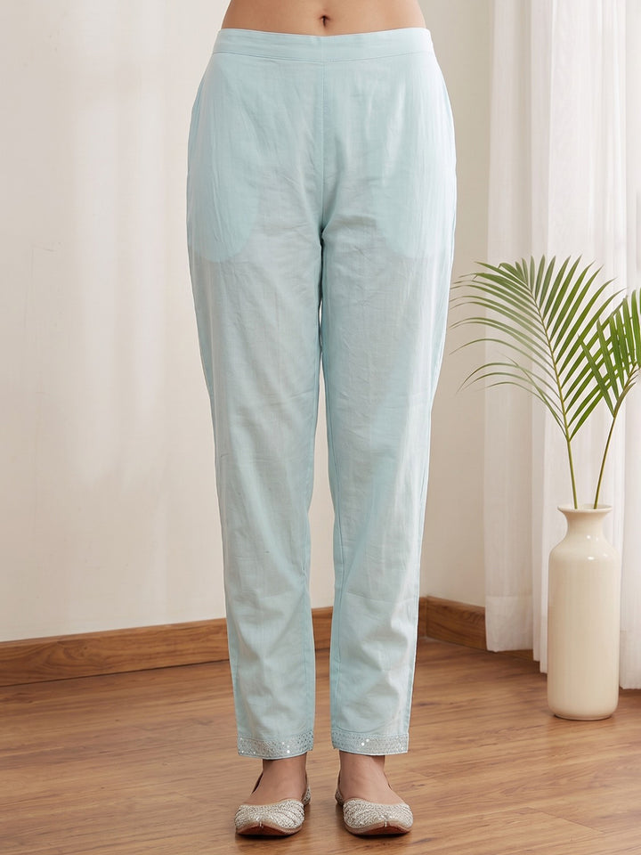 Sky Blue Printed Cotton Blend Kurta With Pant &amp; Dupatta