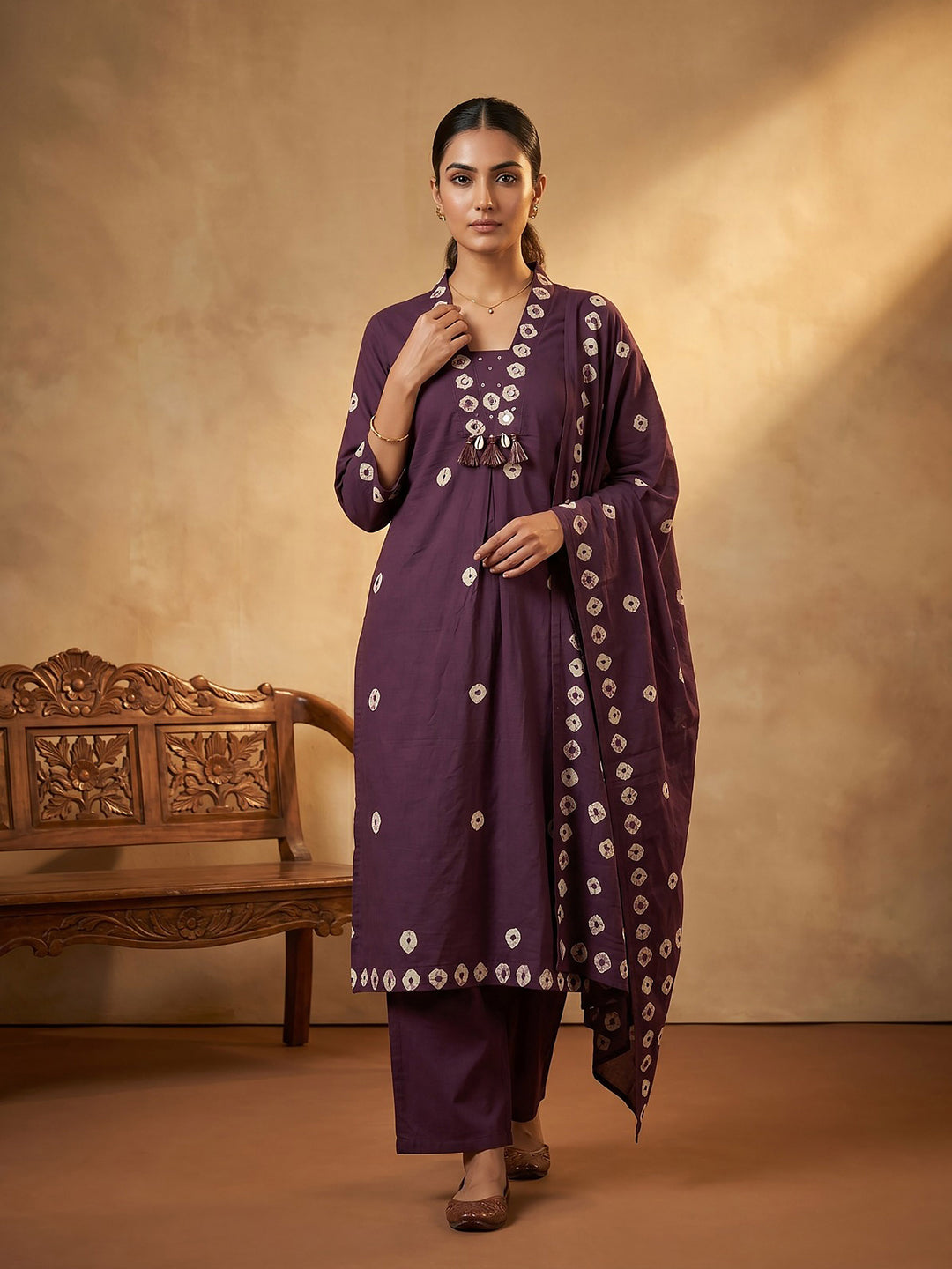Purple Embroidered Cotton Blend Straight Suit Set With Dupatta