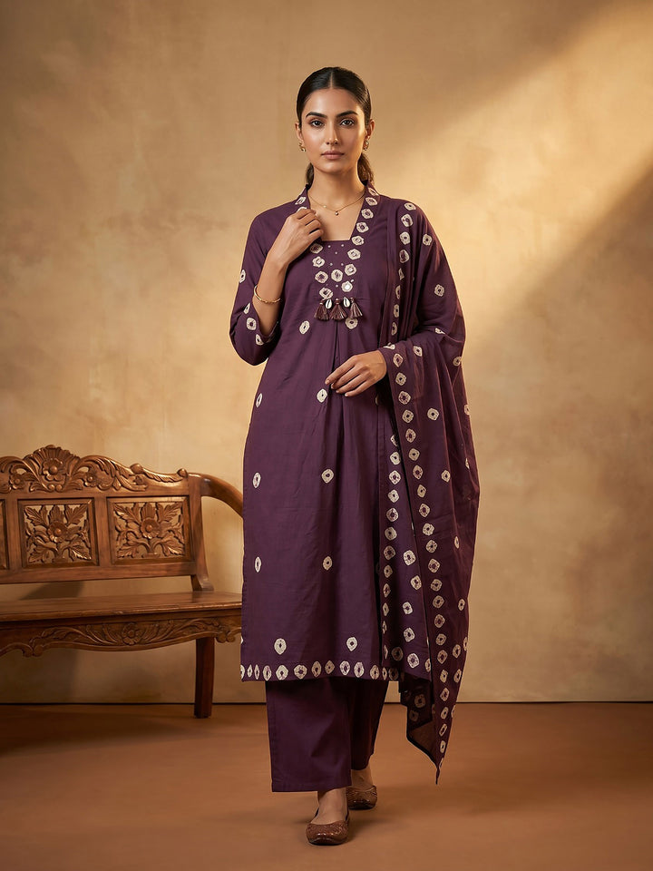 Purple Embroidered Cotton Blend Straight Suit Set With Dupatta