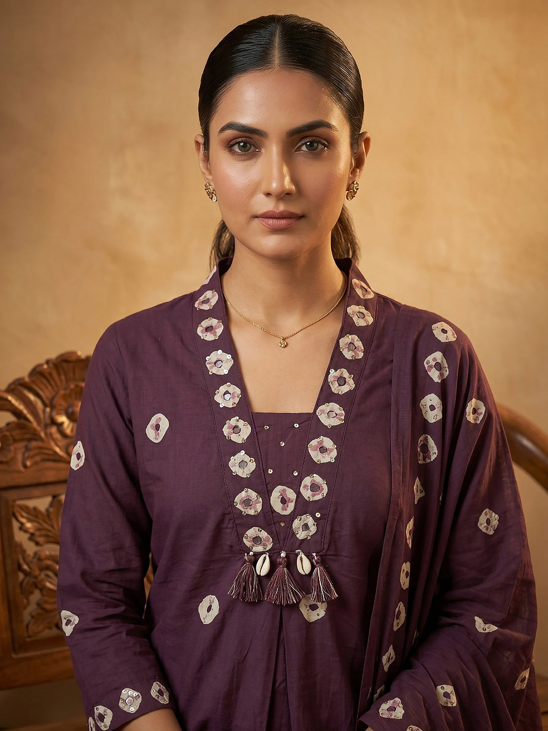 Purple Embroidered Cotton Blend Straight Suit Set With Dupatta