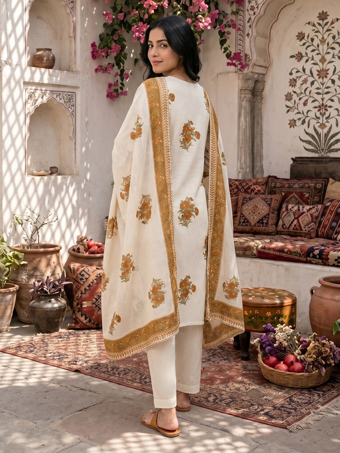 Mustard Embroidered Cotton Blend Straight Round Neck Suit Set