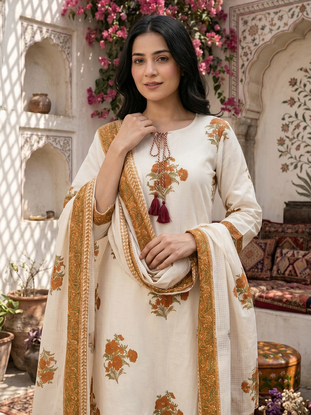 Mustard Embroidered Cotton Blend Straight Round Neck Suit Set